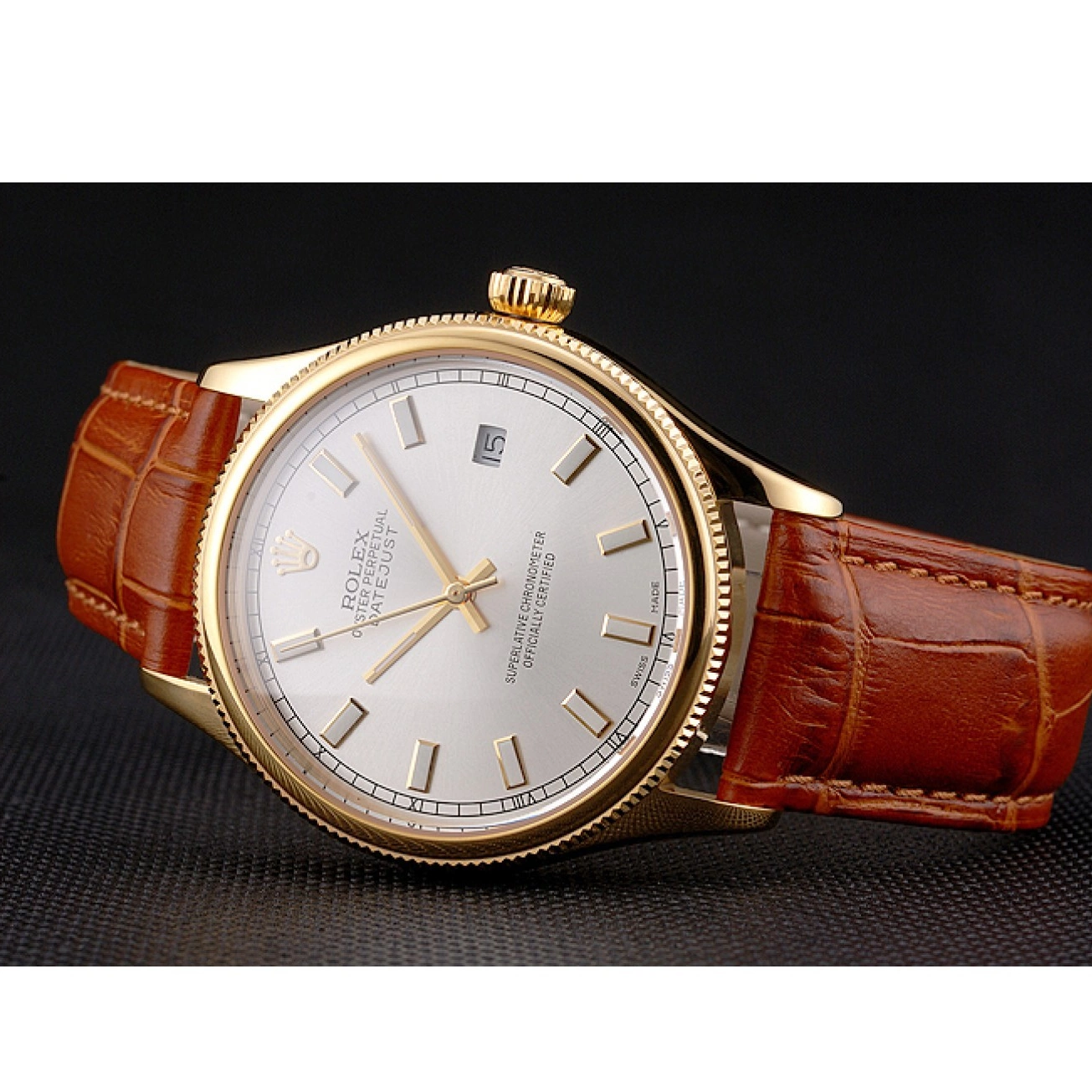 Good copy rolex watches Light Dial White Leather Strap Brown Case Gold Swiss Rolex Datejust 0501